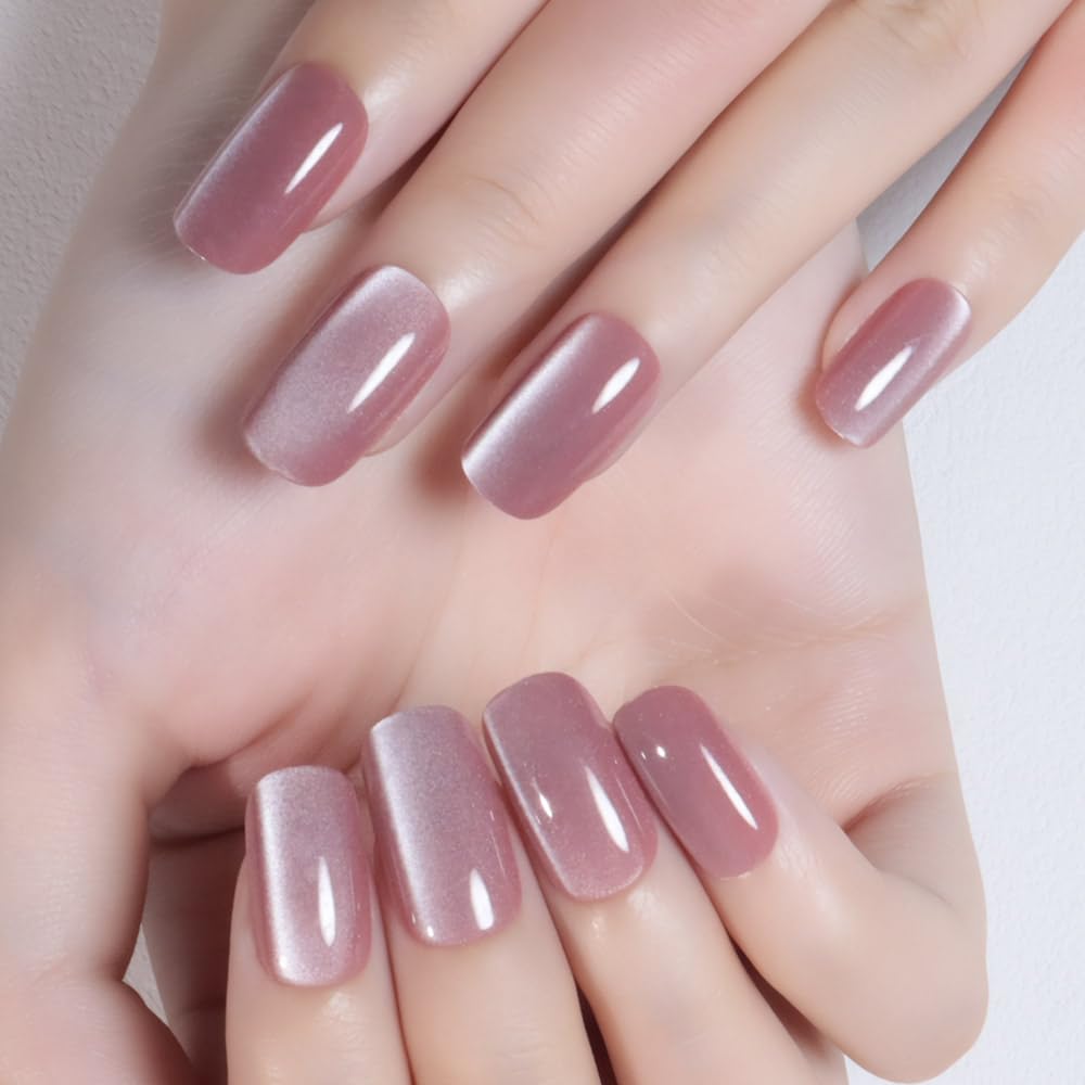 evpct Mauve Pink Cat Eye Press on Nails Medium Square No Glue, Medium Square Press Stick on Nails Chrome for Women Gift, Mauve Holographic Glitter Glossy Reusable Acrylic Fake Nail with Cateye Designs