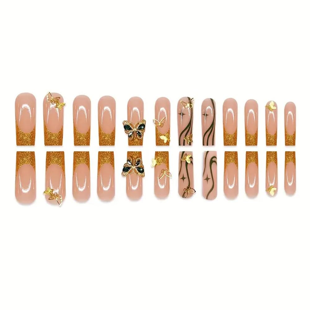 Hrnsnails French Tip Press On Nails Long Square Girls Fake Nails with 3D Butterfl Handmade High-end Design, Acrylic Artificial False Nails Press ons Stick On Nails for Women
