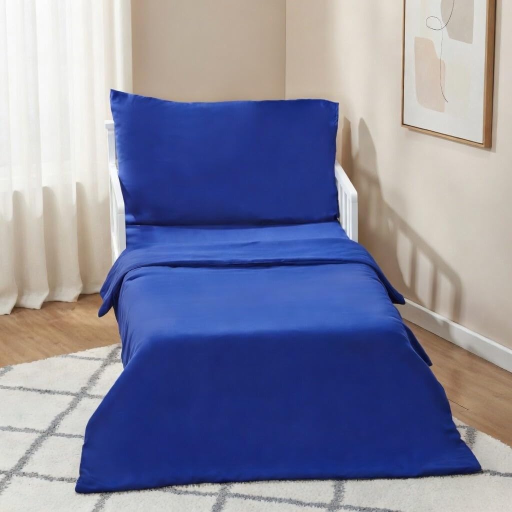 EVERYDAY KIDS 4 Piece Toddler Bedding Set - Includes Comforter, Flat Sheet, Fitted Sheet and Reversible Pillowcase - Solid Navy