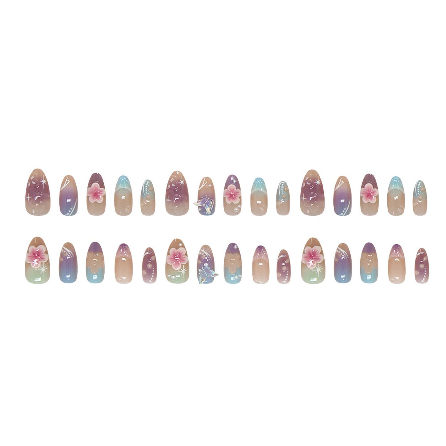 Aurora 3D Flower Butterfly Press On Nails - Medium Almond Fake Nails with Iridescent Gradient & Rhinestone Designs,Glossy Reusable Full Cover False Nails with Glue Tabs for Women, 30Pcs Nail Kit