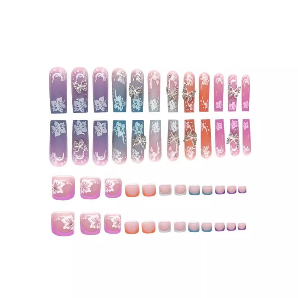 48Pcs Hrnsnails Long Square Press On Nails and French Tip Press On Toenails, Girls Fake Nails with 3D Silver Butterfly White Flowers Design, Acrylic Artificial False Stick On Nails for Women