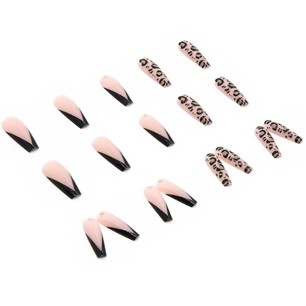 YoYoee French Black False Nails Coffin Long Press on Nails Acrylics Full Cover Leopard Print Fake Nails Tips for Women and Girls 24PCS