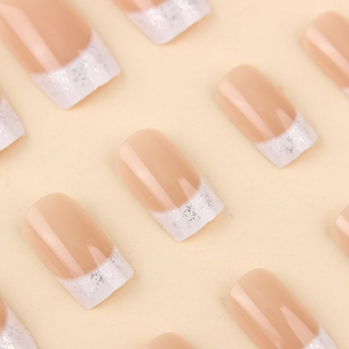 NEWSPIED 24Pcs French Tip Press On Nails Medium Square Glitter Acrylic Nails with White Gradient Design Glossy False Nails Reusable Nude Stick On Nails for Women Manicure Decor Supplies