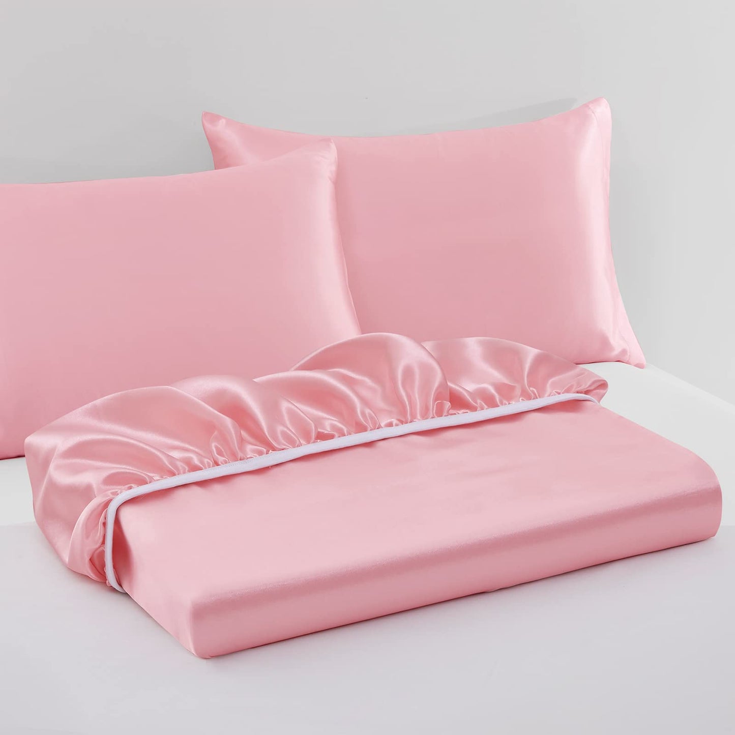 VACVELT 3pcs Extra Deep Pocket Satin Fitted Sheet Set King Bed Set, Pink Bottom Sheet Fit 18-24 Inch Deep Pocket Mattress, Silky Bedding Set Soft & Ultra Deep Fitted Sheet & 2 Pillowcase