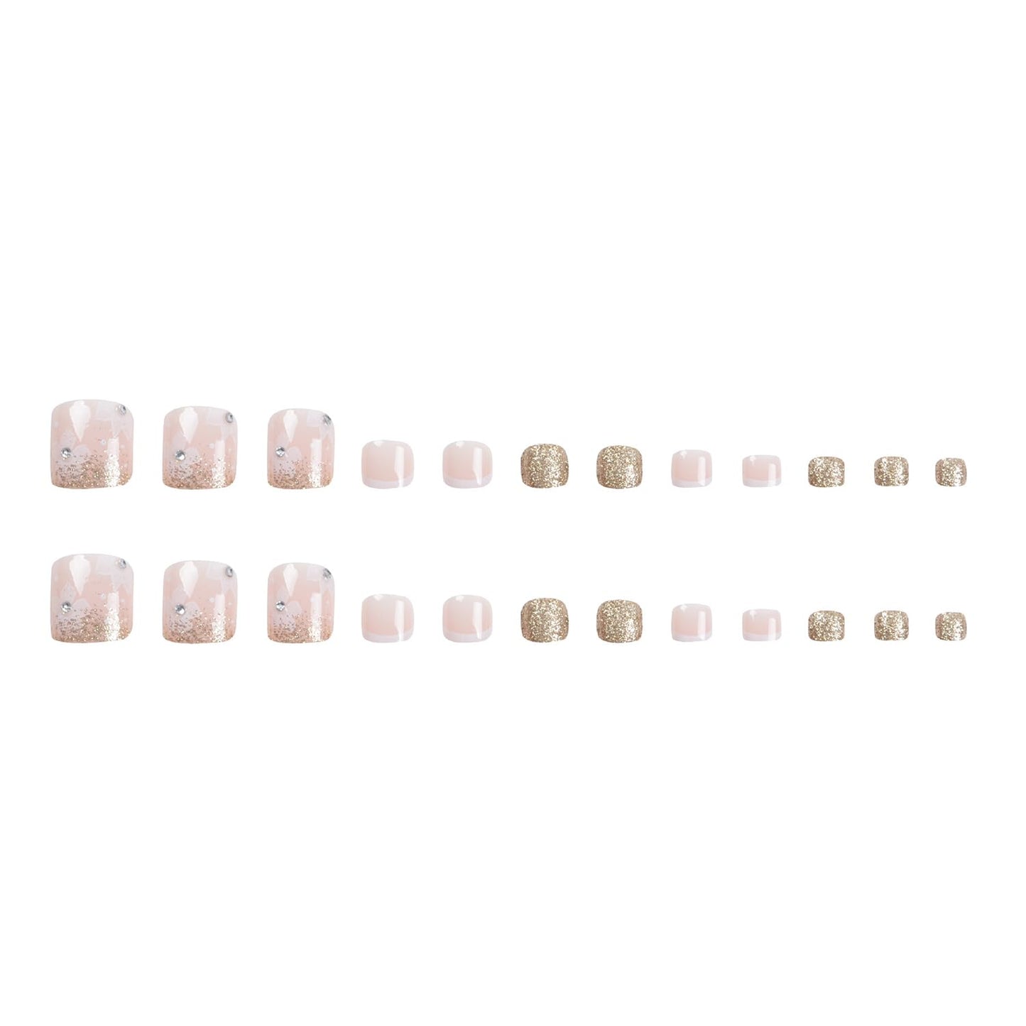 24Pcs Flower Press On Toe Nails for Women French Tip With Gold Glitter Rhinestones Designs Glossy Fashion False Full Cover Acrylic Nails Art DIY Foot Design Tips