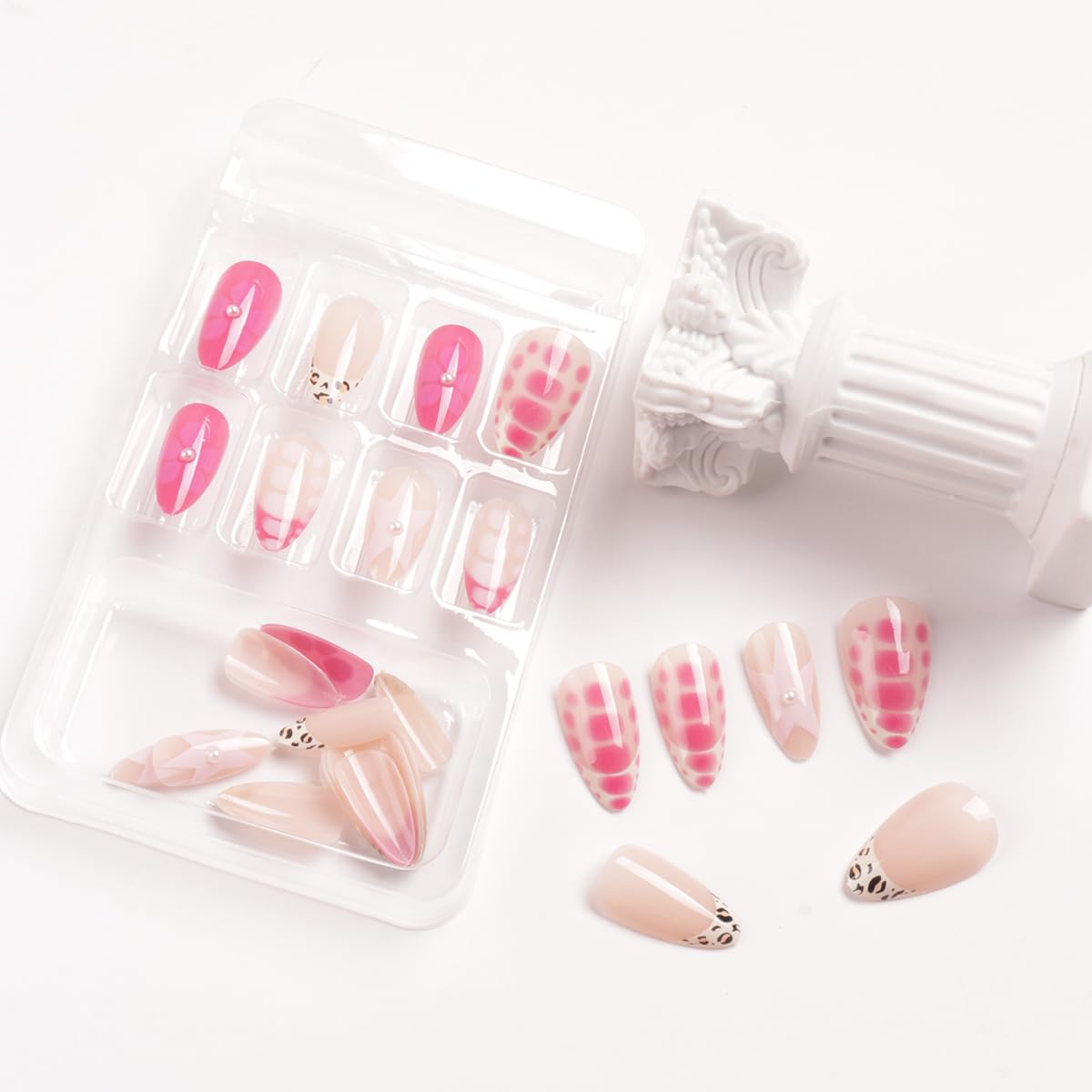 24Pcs Pink Press on Nails Short Almond Fake Nails Star Flower with Leopard French Tip Stick on Acrylic Nails Reusable Glossy Full Cover Glue on Nails Floral False Nails for Women Decorations