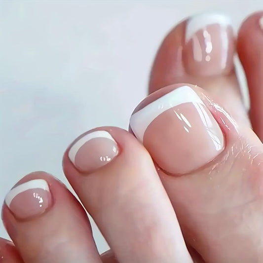CEWEWP 24 Pcs Skin Tone Press on Toenails Fake Toe Nail Nude White French Tip Sticker with Glue Summer Full Cover False Fashion Square Short Removable Acrylic Nails for Women Manicure Decor