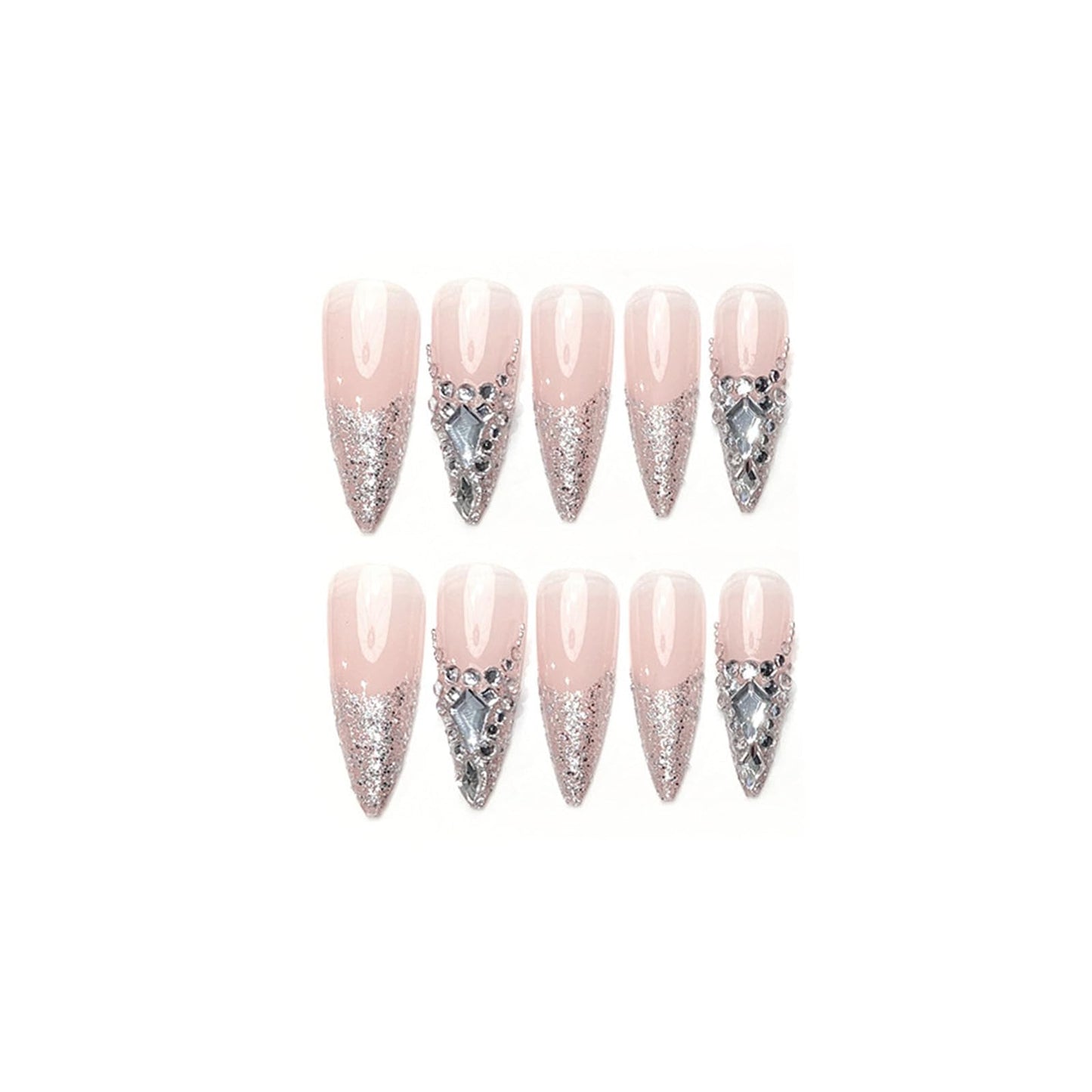 SINHOT Luxury Press on Nails - Long Stiletto Fake Nails, Glossy Finish, French Tip & 3D Rhinestones Design, DIY Artificial False Nail Art - 24 Pcs Nail Kit with Glue