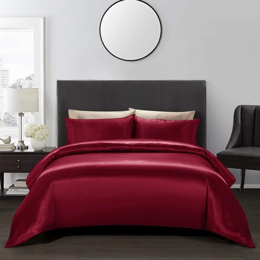 AiMay Satin Duvet Cover Set Bedding Sets Luxury Rich Silk Silky Super Soft Solid Color 2 Piece (1 Duvet Cover +1 Pillowcase) Honeymoon Sexy Reversible Stain-Resistant Wrinkle Free (Twin, Burgundy)
