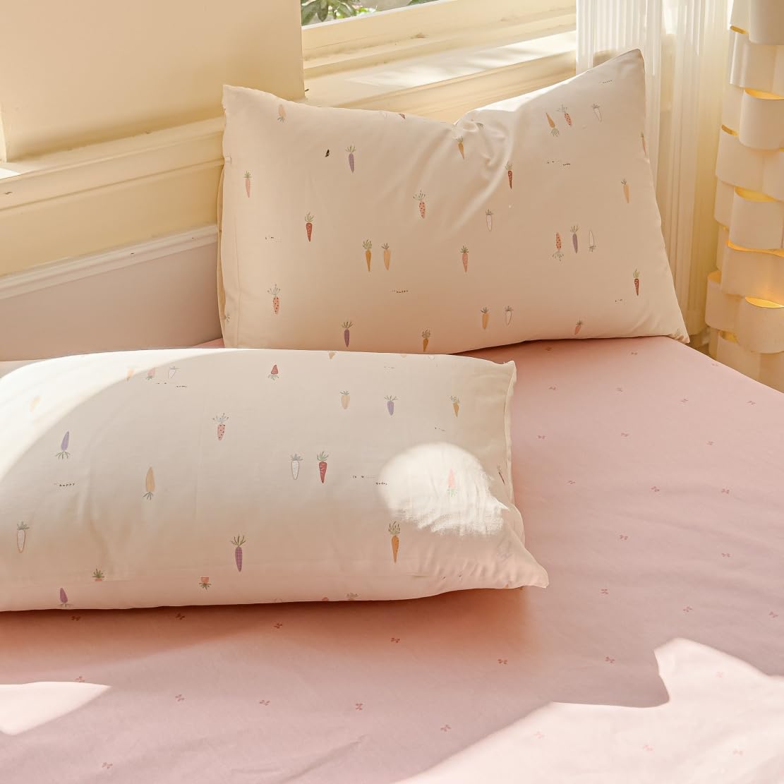 LIWHENHAO Duvet Cover Set Twin 100% Cotton Bedding Cartoon Cute Colorful Carrot Print on Cream White 1 Farmhouse Style Beige Comforter Cover Zipper Closure 2 Pillowcases for Kids Girls Boys