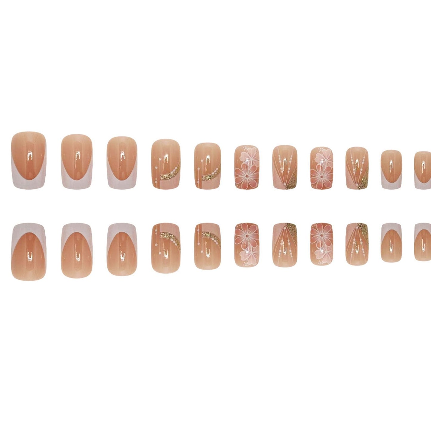 Pink White French Tip Press on Nails Medium Square Fake Nails with Flowers with Pops of Pink and Orange Designs Acrylic Glue on Nails Press ons Glitter Stick on Nails for Women 24Pcs