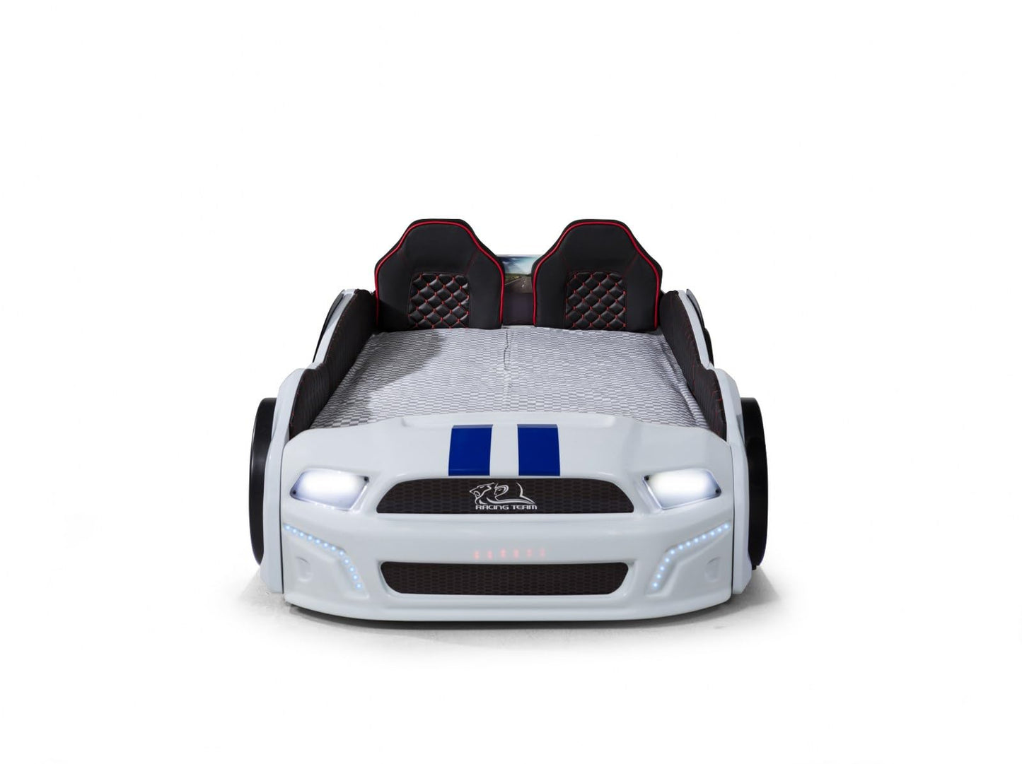 Luxury Race Car Bed for Kids – LED Lights, Sports Car Design, Sound Effects, Twin, Ergonomic & Comfortable Sleeping Experience (White)