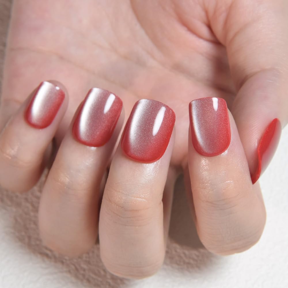 evpct Pink Cat Eye Extra Short Press on Nails Square, Petite Short Square Stick on Nails for Women Gift, Red Nude Pink Metallic Glitter Glossy Reusable Soft Gel Press on Acrylic Fake Nail with Design
