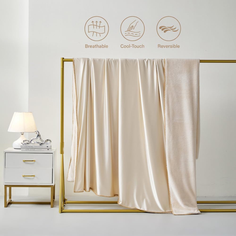 Double-Sided Usable,Ice Silk &Faux Fur Cooling Blanket,Lightweight,Soft Throw Blanket,Ideal for Couch and Bed,Suitable for All Seasons, for Women,Men (Beige&Apricot, 50 * 60)