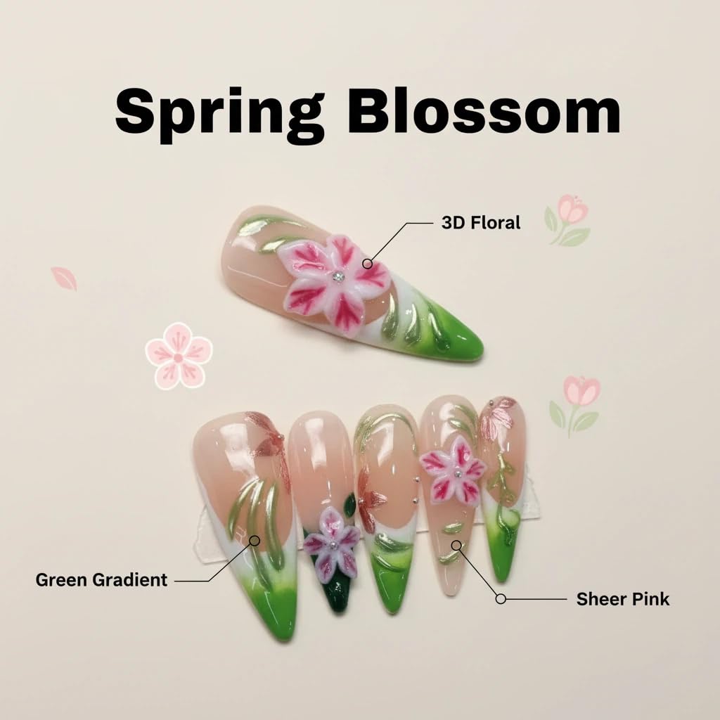 Handmade Press on Nails Long Stiletto False Nails French Tip Fake Nails with 3D Flower Designs Sparkly Green luxury Artificial Nails Reusable for Women 10pcs (Size M）