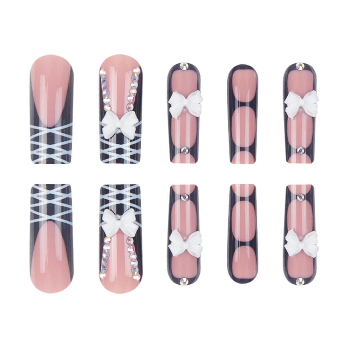 plalely Square Press on Nails Long Black Fake Nail 3D Bow and Rhinestones Acrylic Nail Press ons Stripes Stick on Nail for Women 24pcs