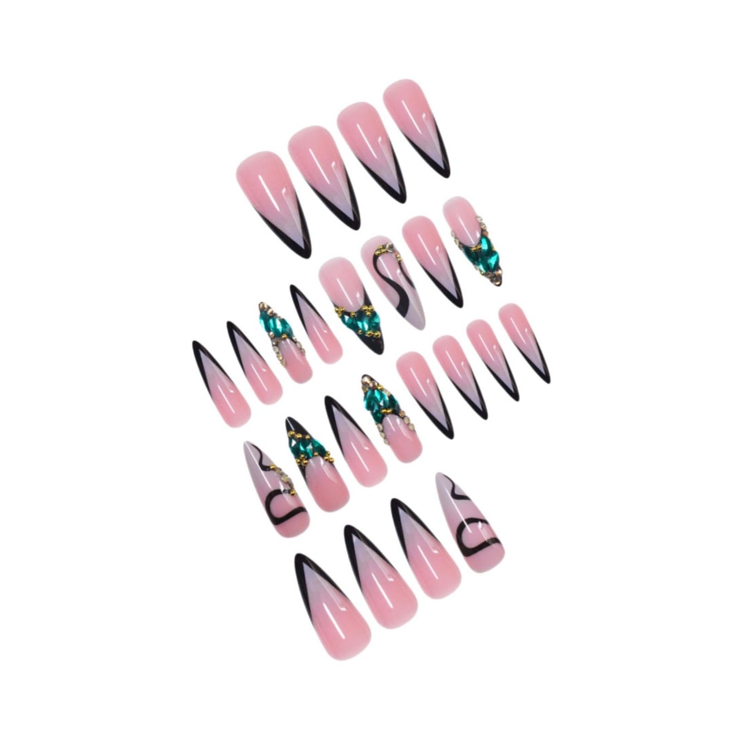 Long Press on Nails Stiletto Fake Nails French False Nails Pink Artificial Nails with Green Rhinestones Designs Sparkly Acrylic Nails Press ons Cute Stick on Nails for Women 24pcs
