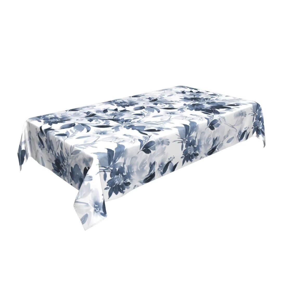Sunshineyan Navy Blue Floral Tablecloth 60 x 84 Inch Rectangle, Dark Blue and White Flower Tablecloths Tablecloths Polyester Spring Table Cloth for Holiday Parties Kitchen Dining Indoor Outdoor