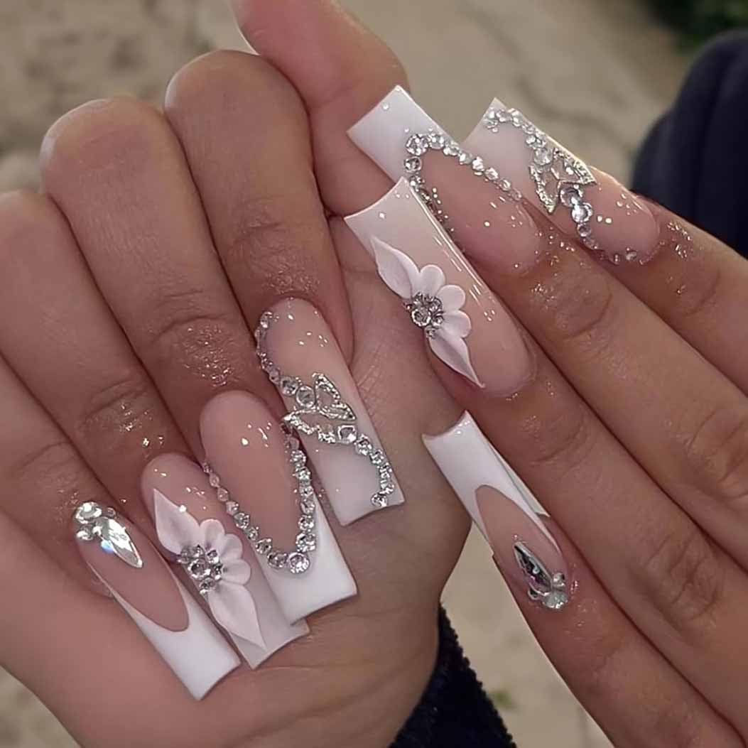 RikView French Tip Nails Square Press on Nails Long Fake Nails with 3D Flowers White Nails Glossy Stick on Nails 24 PCS