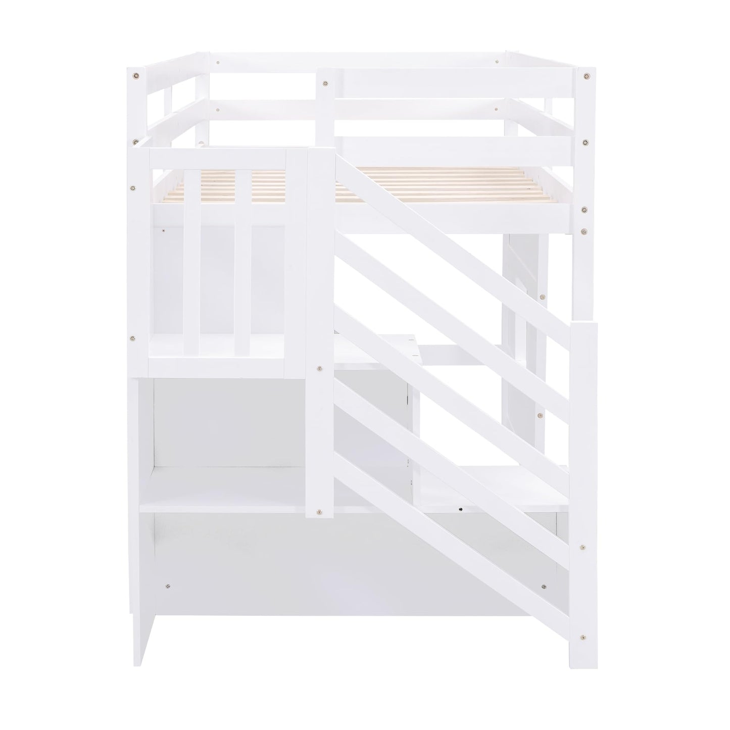 Harper & Bright Designs Twin Low Loft Bed with Staircase and LED for Kids,Wood House Loft Bed Frame with Window and Guardrails,White
