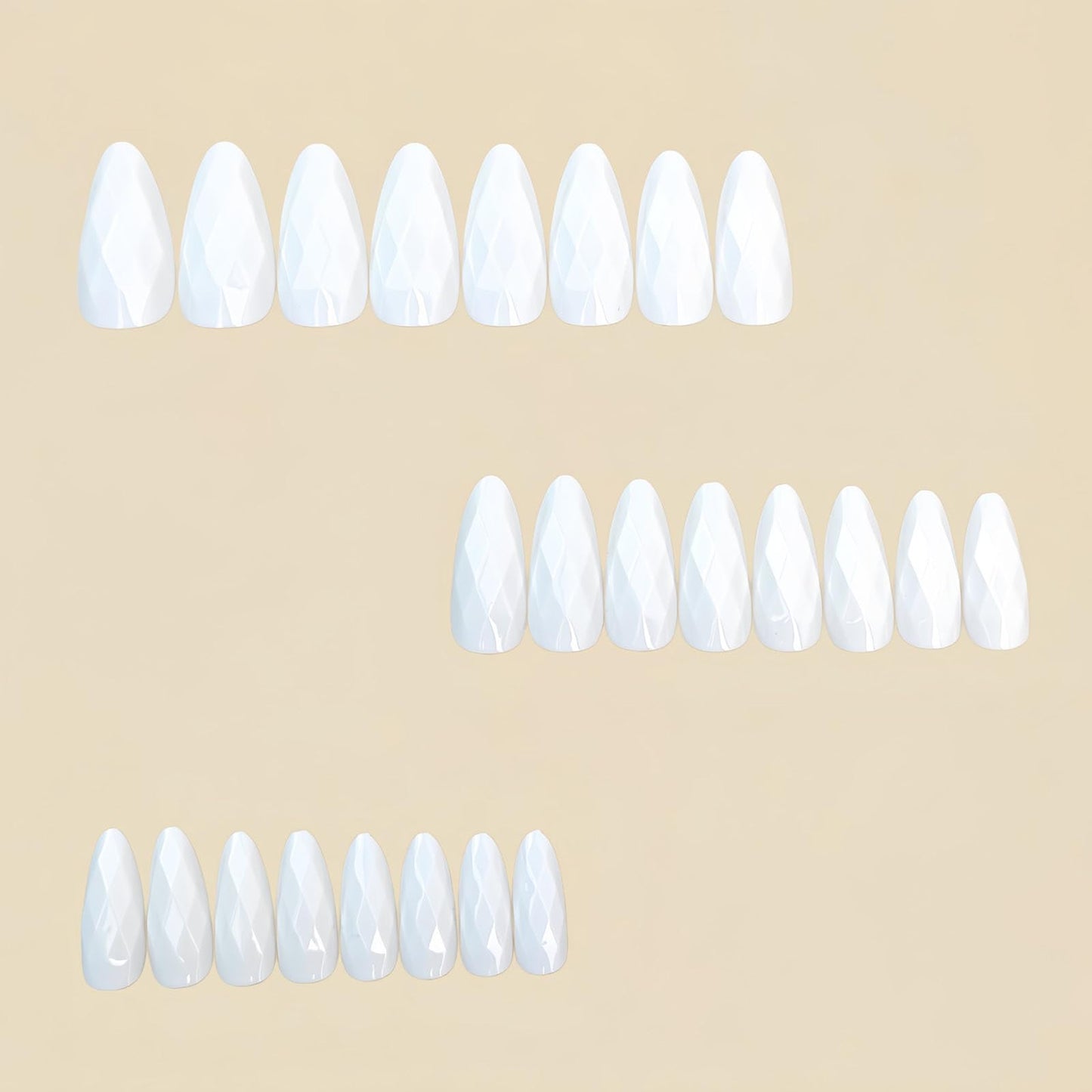 RUOKEXIN Almond Press on Nails Medium Length Fake Nails White Chrome False Nails with 3D Rhombus Designs Full Cover Nail Press ons Sparkly Artificial Nails for Women 24Pcs