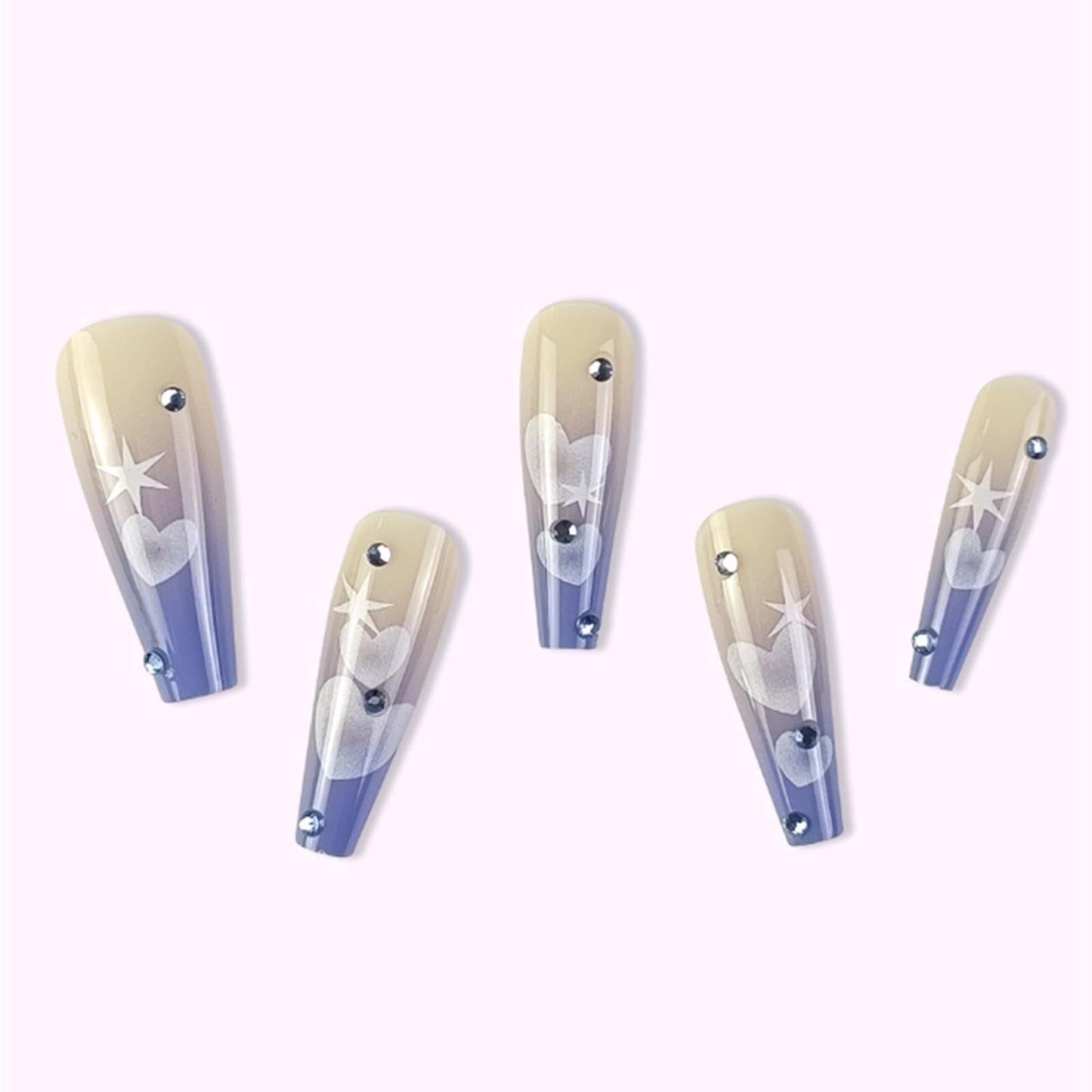 Gifiky Gradient Fake Nails Long Coffin Press on Nails Love Heart Pattern Nails Tips Acrylic Full Cover False Nails Blue for Women and Girls 24Pcs