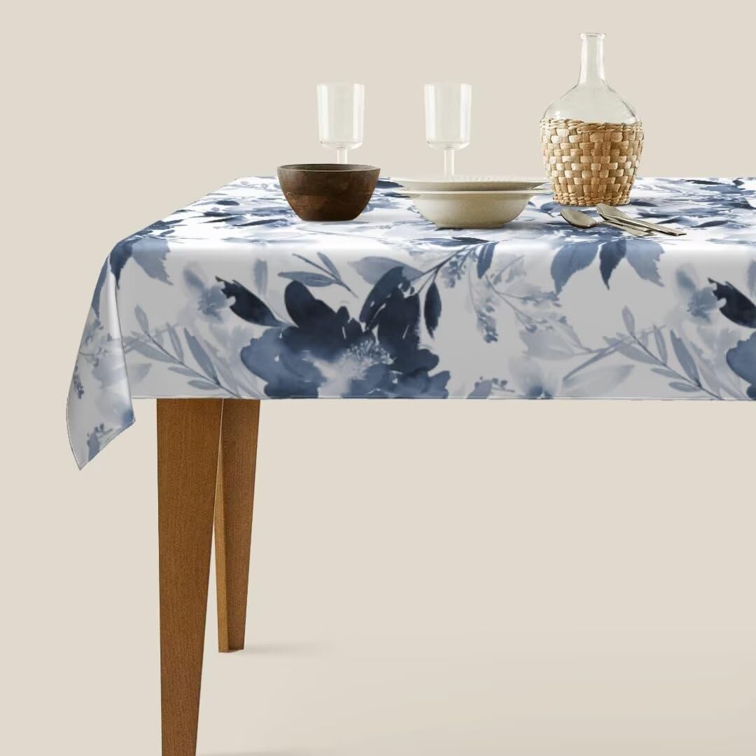 Sunshineyan Navy Blue Floral Tablecloth 60 x 84 Inch Rectangle, Dark Blue and White Flower Tablecloths Tablecloths Polyester Spring Table Cloth for Holiday Parties Kitchen Dining Indoor Outdoor