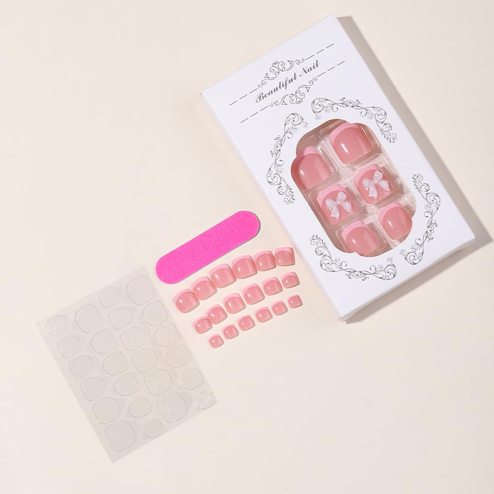 24Pcs Pink French Tip Press on Toenails Full Cover Short False Toenails with 3D Bow Charms Design Glossy Square Acrylic Toenails Pink Toe Nail Tips Glue on Toenails for Women and Girls Toenail Art