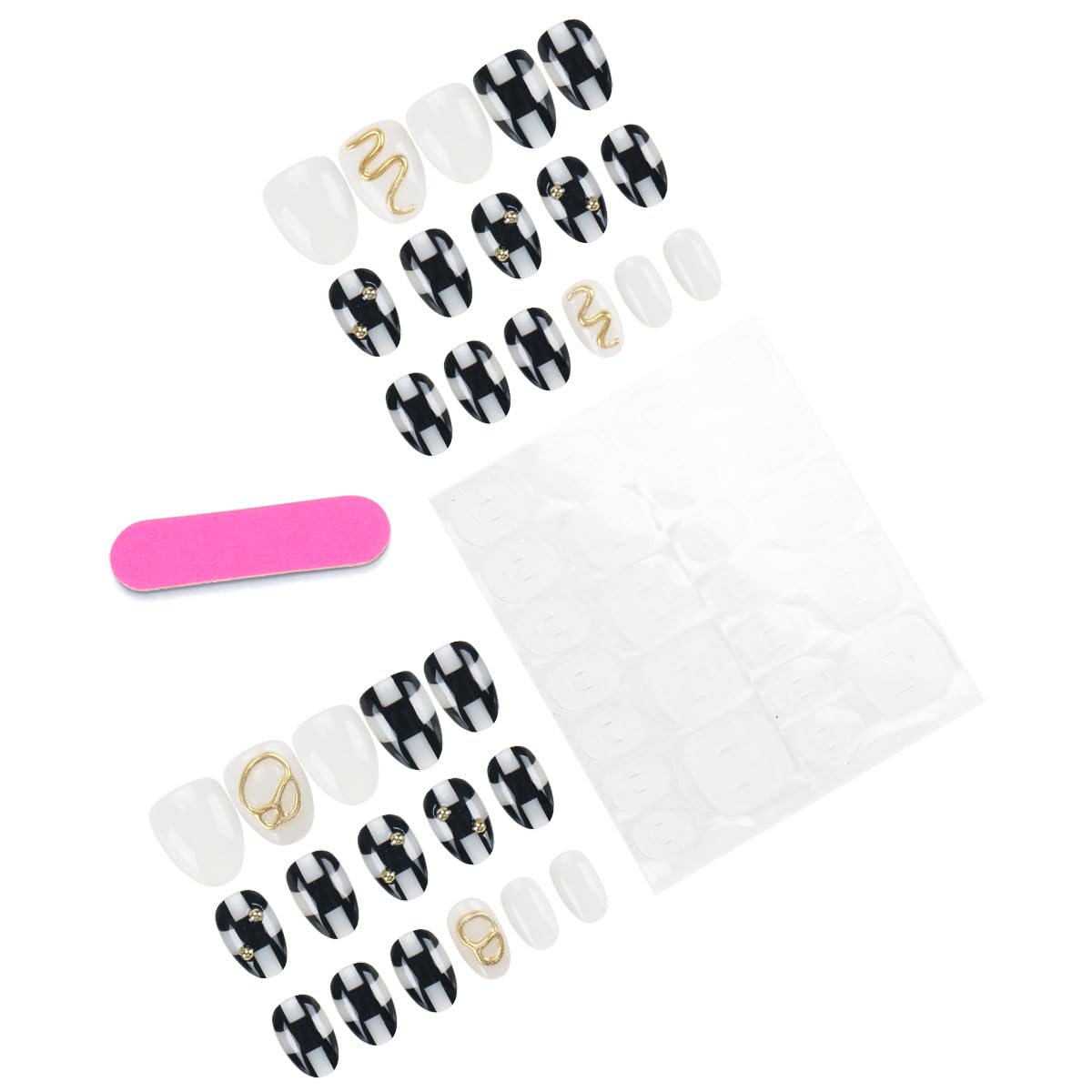 32Pcs Short Oval Press on Nails - Gothic Black White Checkerboard with 3D Gold Metallic Lines, Reusable Acrylic False Nails, Full Cover Glue on Nails for Women, Luxury DIY Manicure Set for Women