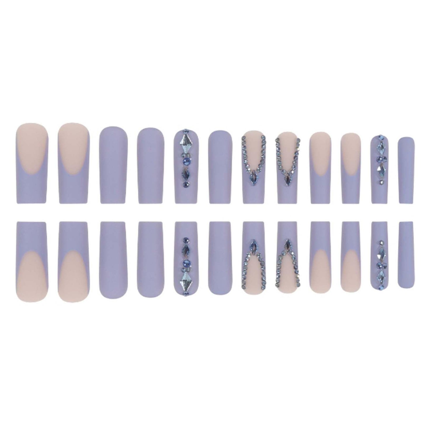 YoYoee Luxury Long Square False Nails Crystal Gem Design Tips Nails Purple French Press on Nails Acrylic Full Cover Fake Nails for Women and Girls 24PCS