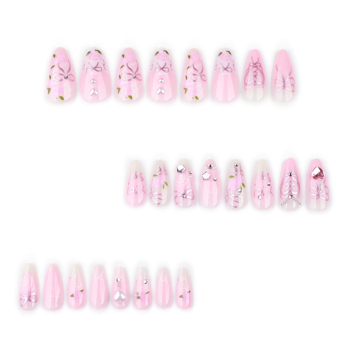 24Pcs Almond Press on Nails Medium Luxury Pink Fake Nails with 3D Heart Pearl Star Rhinestones Gems Designs White Gradient Bow Rose Flower Stick on Nails Full Cover Glue on Nails for Women