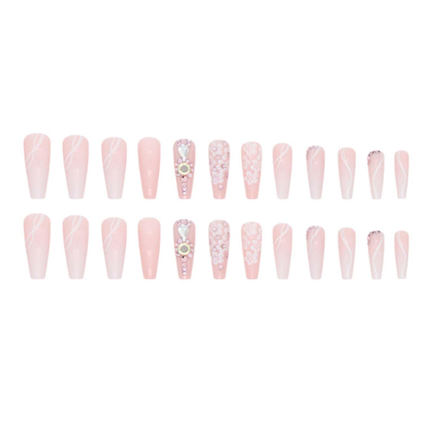 Gifiky Long Coffin False Nails Gradient Press on Nails Daisy Nails Tips Acrylic Crystal Gem Design Fake Nails for Women and Girls 24Pcs