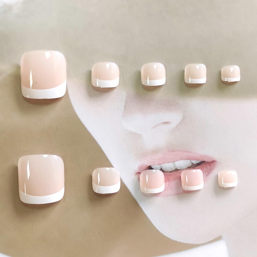CEWEWP 24 Pcs Skin Tone Press on Toenails Fake Toe Nail Nude White French Tip Sticker with Glue Summer Full Cover False Fashion Square Short Removable Acrylic Nails for Women Manicure Decor