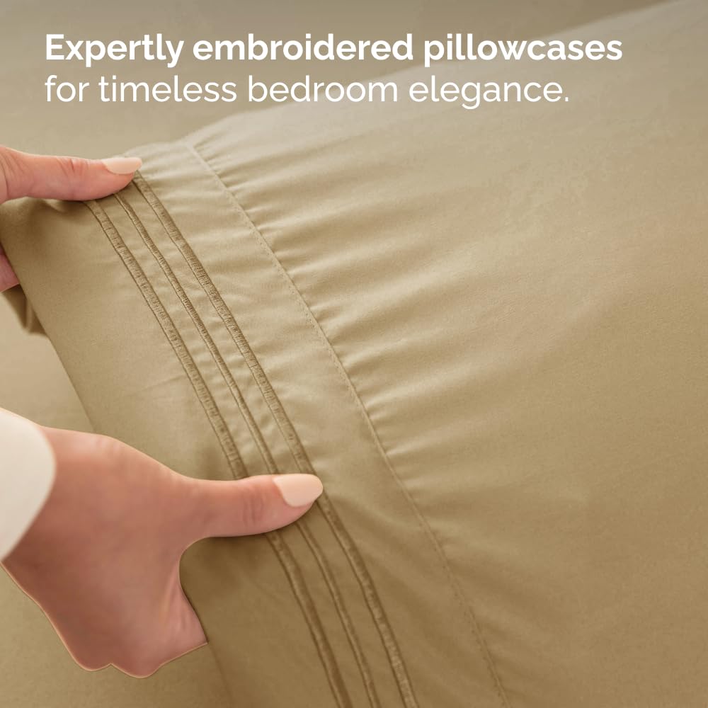Queen Size 4 Piece Sheet Set - Comfy Breathable & Cooling Sheets - Hotel Luxury Bed Sheets for Women & Men - Deep Pockets, Easy-Fit, Extra Soft and Wrinkle Free Sheets - Beige Oeko-Tex Bed Sheet Set