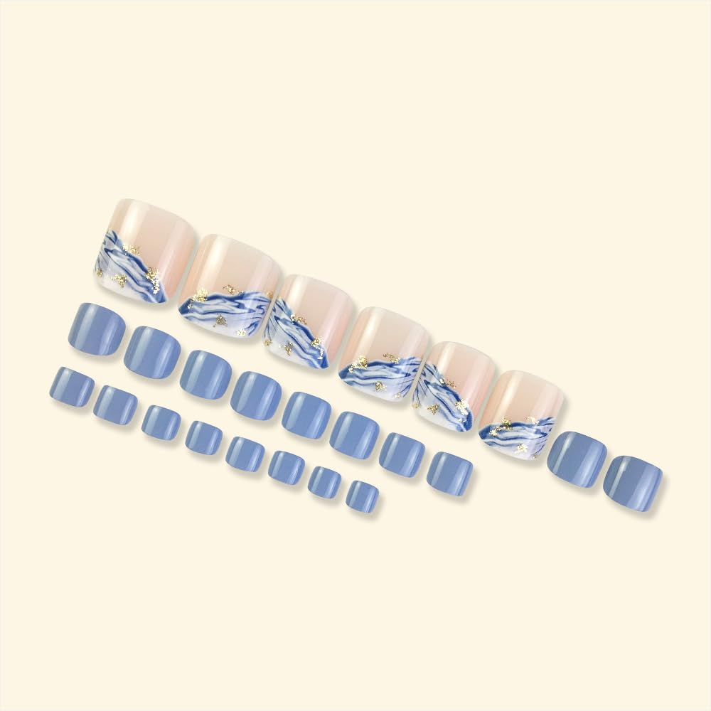 Square Fake Toenails Summer Glossy Blue White Gradient Press on Toenails Gold Foil Short Acrylic Toes Nails with Sea Wave Designs Light Blue Artificial Beach Full Cover Toenail for Women Girls 24 Pcs