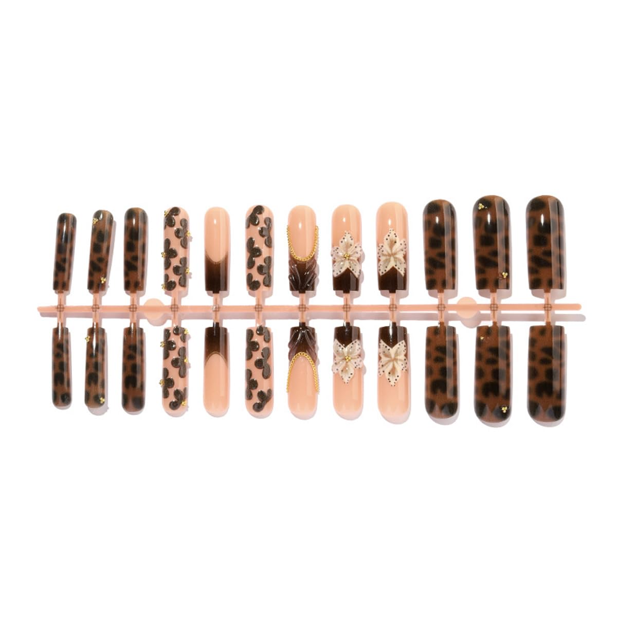 Brown Press on Nails Long Square Fake Nails French tip Glue on Nails with 3D Flower, Wave, Gold Charms Designs Full Cover Glossy False Nail Press ons Stick on Nail for Women Manicure 24Pcs