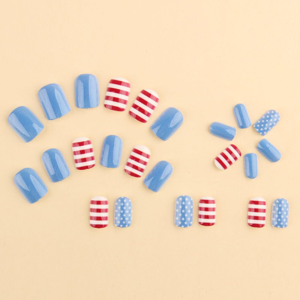 24Pcs Independence Day Press on Nails Short Square Fake Nails Red Blue White Stripes Stars Stick on False Nails Reusable Glossy Acrylic 4th of July Nails Full Cover Glue on Nails for Women Decor