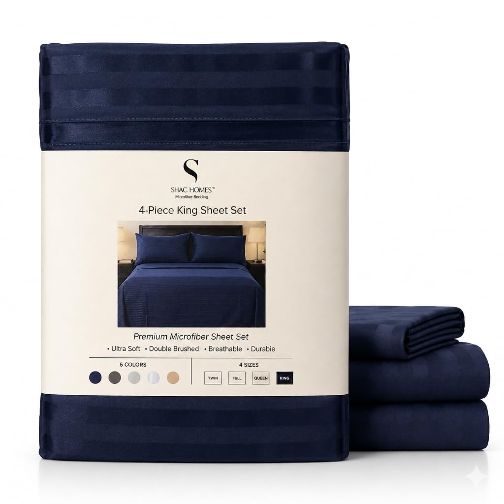 SHAC HOMES King Sheet Set 4 Piece – Oeko-TEX Certified, Soft Brushed Microfiber, Deep Pocket 8"–12", Wrinkle & Fade Resistant, Breathable Cooling Sheets, Hotel Dobby Stripe – Navy Blue