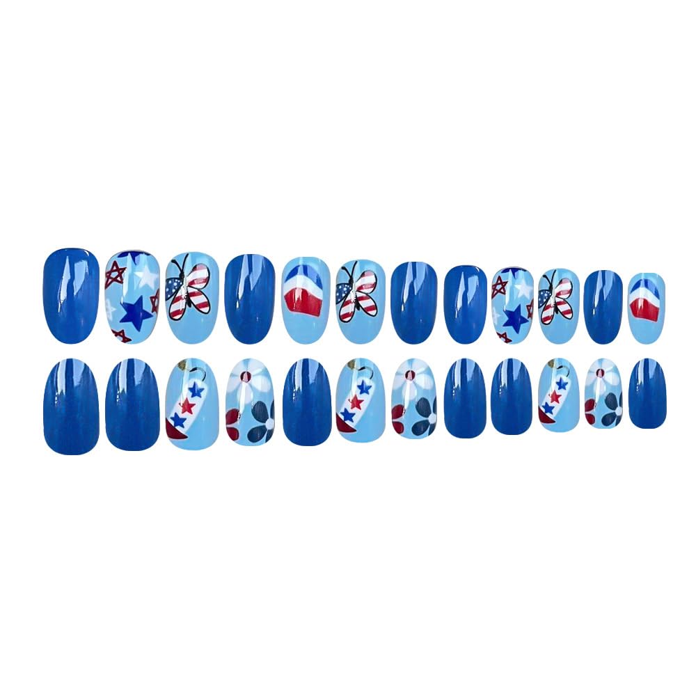 24Pcs Independence Day Blue Press on Nails Short Oval Fake Nails with Star Butterfly Flower Stick on Nails July 4th Acrylic Nail Art Reusable Glossy False Nails Full Cover Glue on Nails for Women