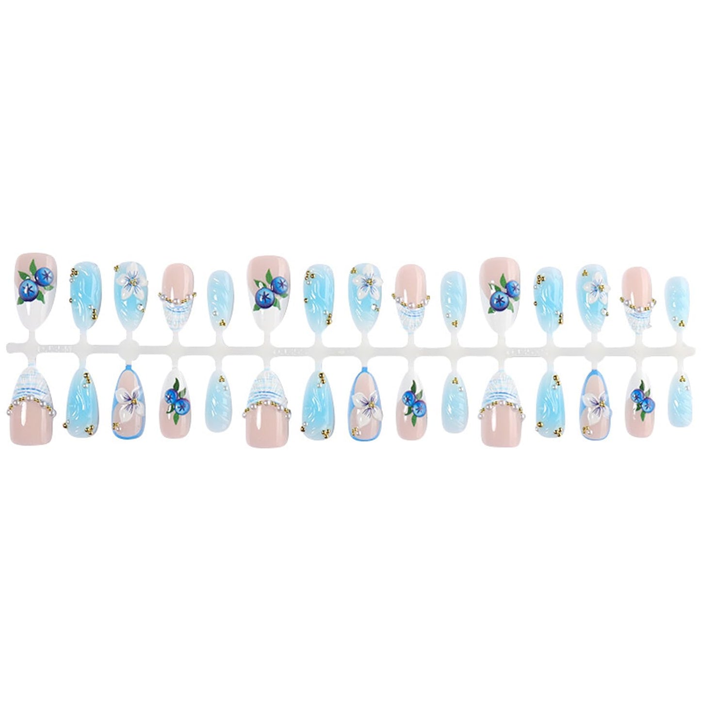 30Pcs Spring Press on Nails Medium Almond French Tip Fake Nails with 3D Rhinestone Pearl Design Blue Gradient False Nails Glossy Full Cover Blueberry Flower Stick on Nail Summer Nails Set for Women