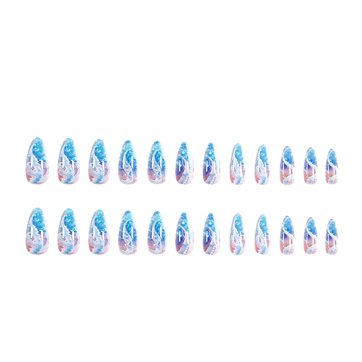 IMSOHOT Blue Press on Nails Almond Medium Fake Nails Glossy False Nails Full Cover Summer Acrylic Glue on Nails for Women DIY Manicure Decoration 24Pcs