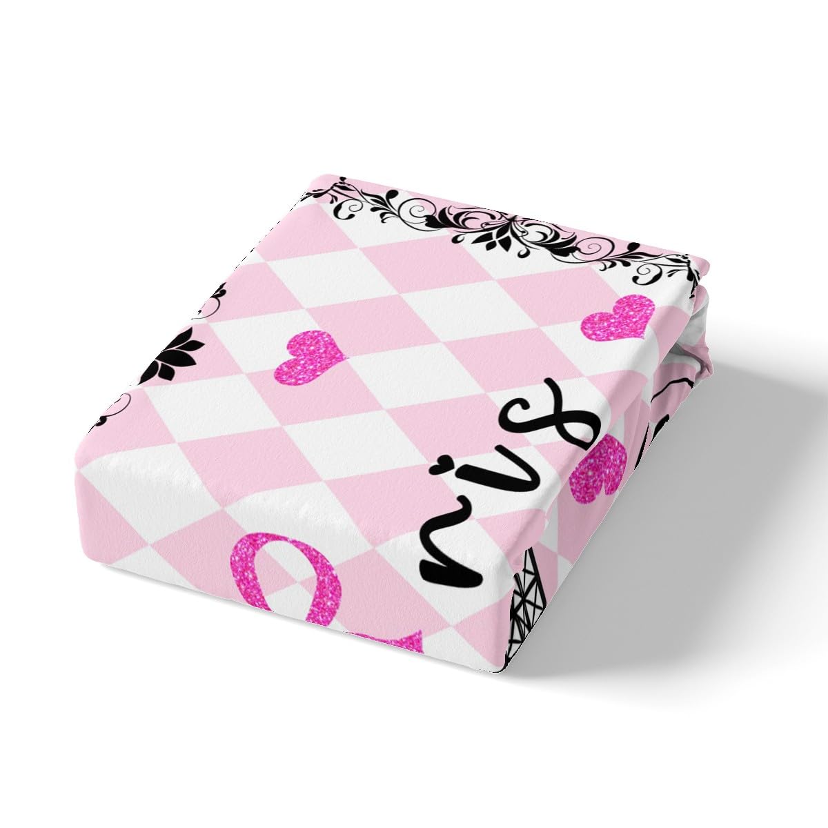 Romantic Paris Fitted Sheet Full 3 Pcs,Eiffel Tower Building Bedding Set,Glitter Bowknot Hearts Bed Sheet (No Top Sheet),Pink White Geometric Checker Deep Pocket Sheet,2 Pillowcases