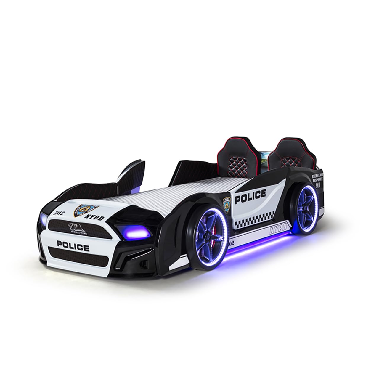 Luxury Race Car Bed for Kids – LED Lights, Sports Car Design, Sound Effects, Twin, Ergonomic & Comfortable Sleeping Experience (Police)
