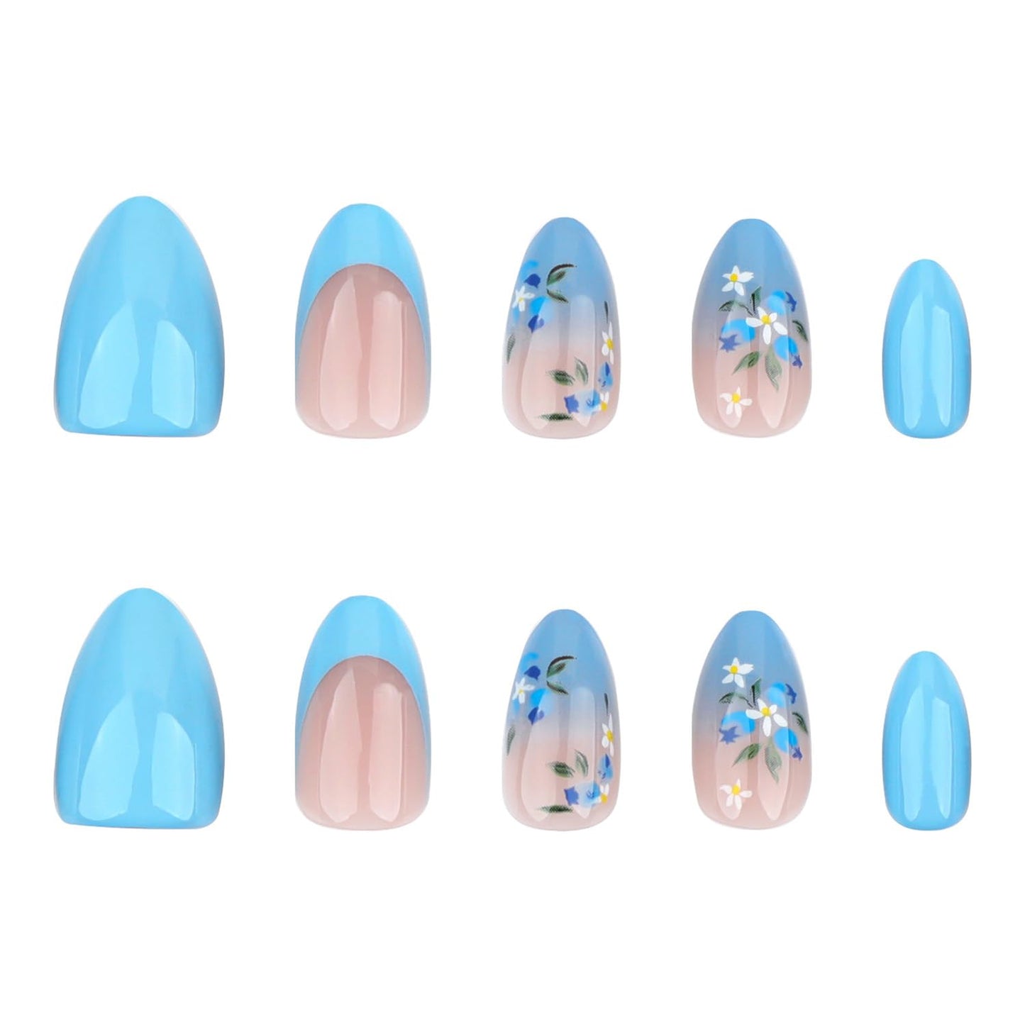LPOODDNU Flower Press on Nails Almond Shape Fake Nails Medium Length Blue French Tip False Nails with Designs Glossy Full Cover Glue on Nails Cute Almond Stick on Nails for Women Finger Manicure