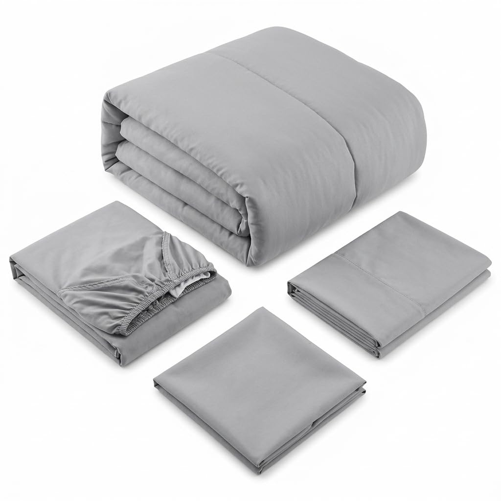 EVERYDAY KIDS 4 Piece Toddler Bedding Set - Includes Comforter, Flat Sheet, Fitted Sheet and Pillowcase - Solid Grey