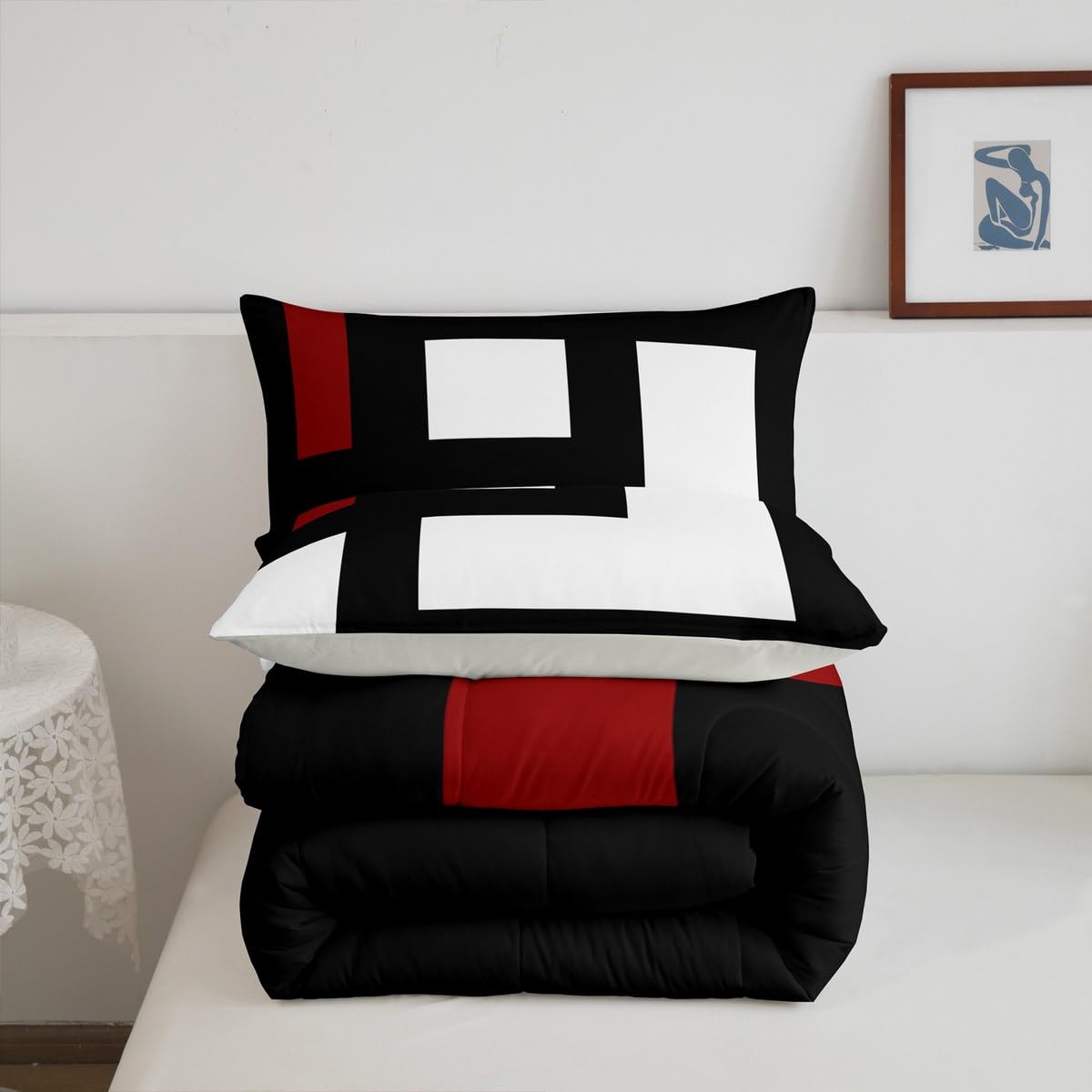 Erosebridal Red Black and White Striped Queen Comforter Set for Adult Women Men Square Abstract Bedding Set Modern Geometric Stripes Bold Lines Bed Set Minimalist Stylish Plaids Quilt Set