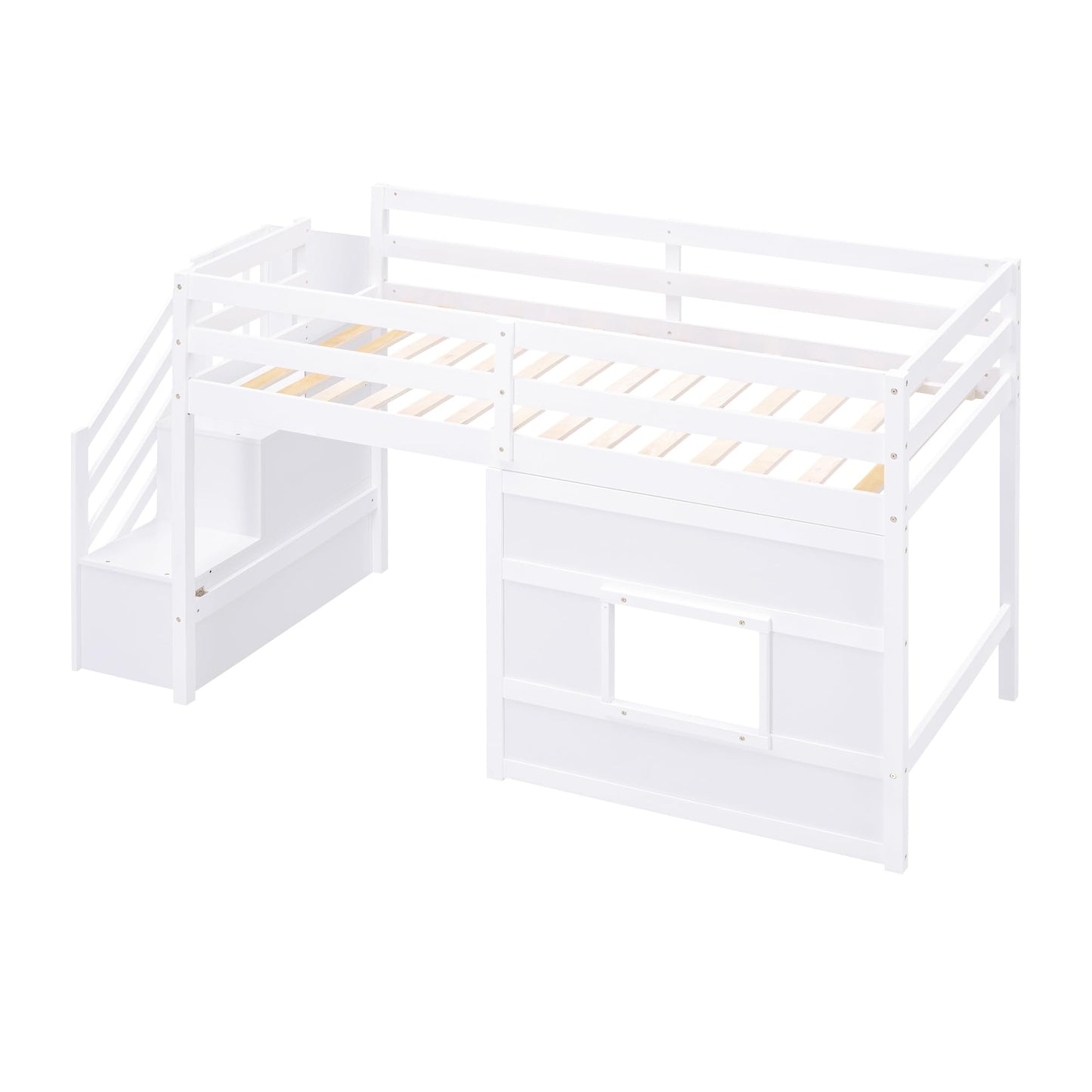 Harper & Bright Designs Twin Low Loft Bed with Staircase and LED for Kids,Wood House Loft Bed Frame with Window and Guardrails,White