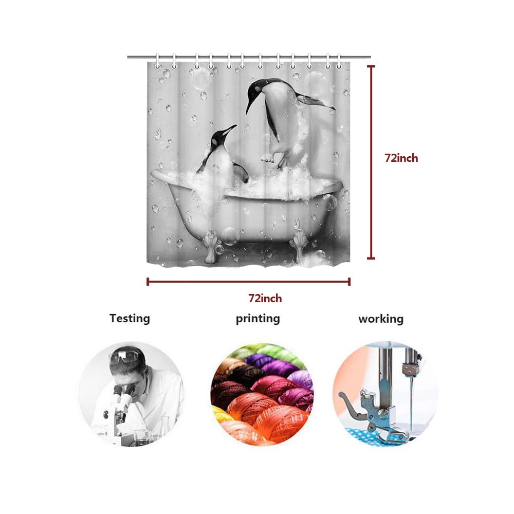 KREATIVE ARTS Funny Penguin Shower Curtain Cute Animal Takes Bath in Grey Bathtub with Bubbles Bathroom Curtain Fabric Shower Curtain Bathroom Accessories 12 Hooks 72x72