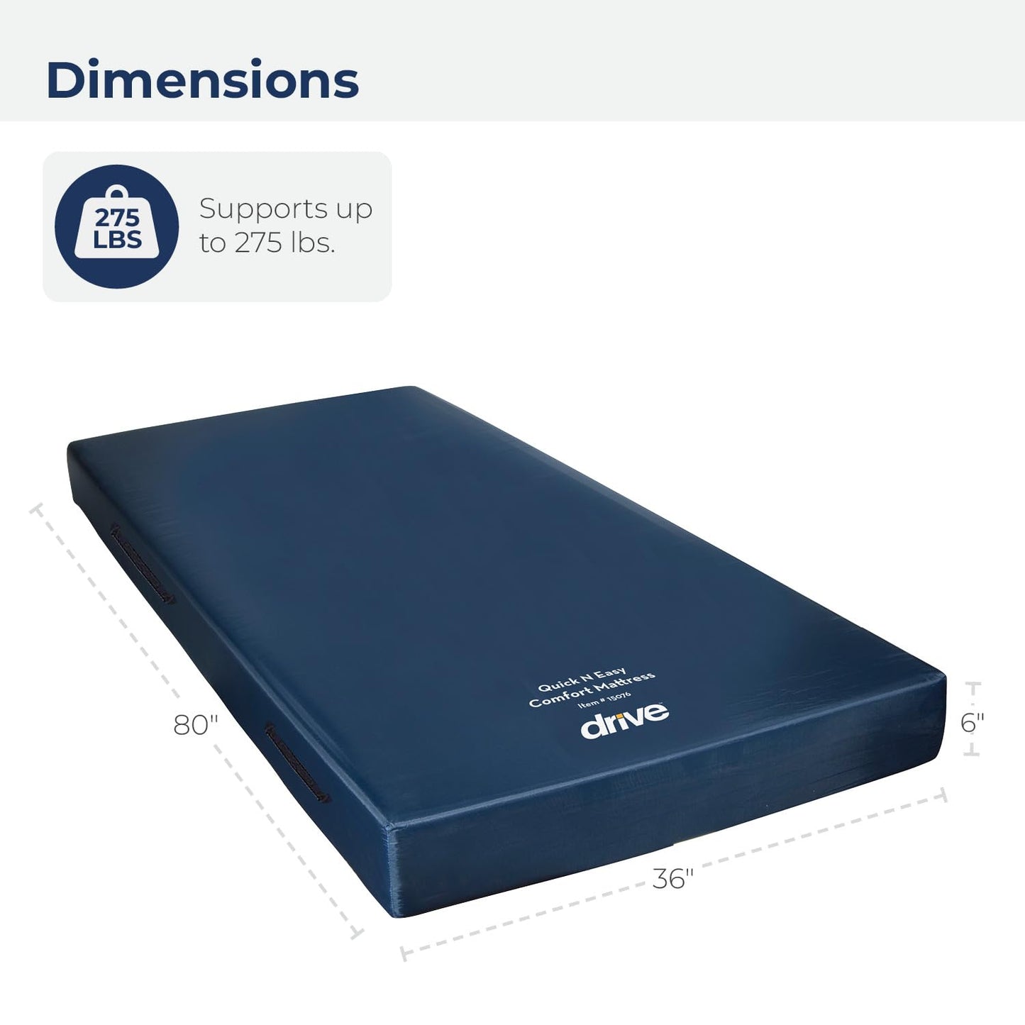 Drive Medical 15076 Decompressing Foam Mattress, Pressure-Relief Support for Homecare & Hospital Beds, High-Density Foam with Removable Cover, 275 Weight Capacity, 80"L x 36"W x 8"H, Blue