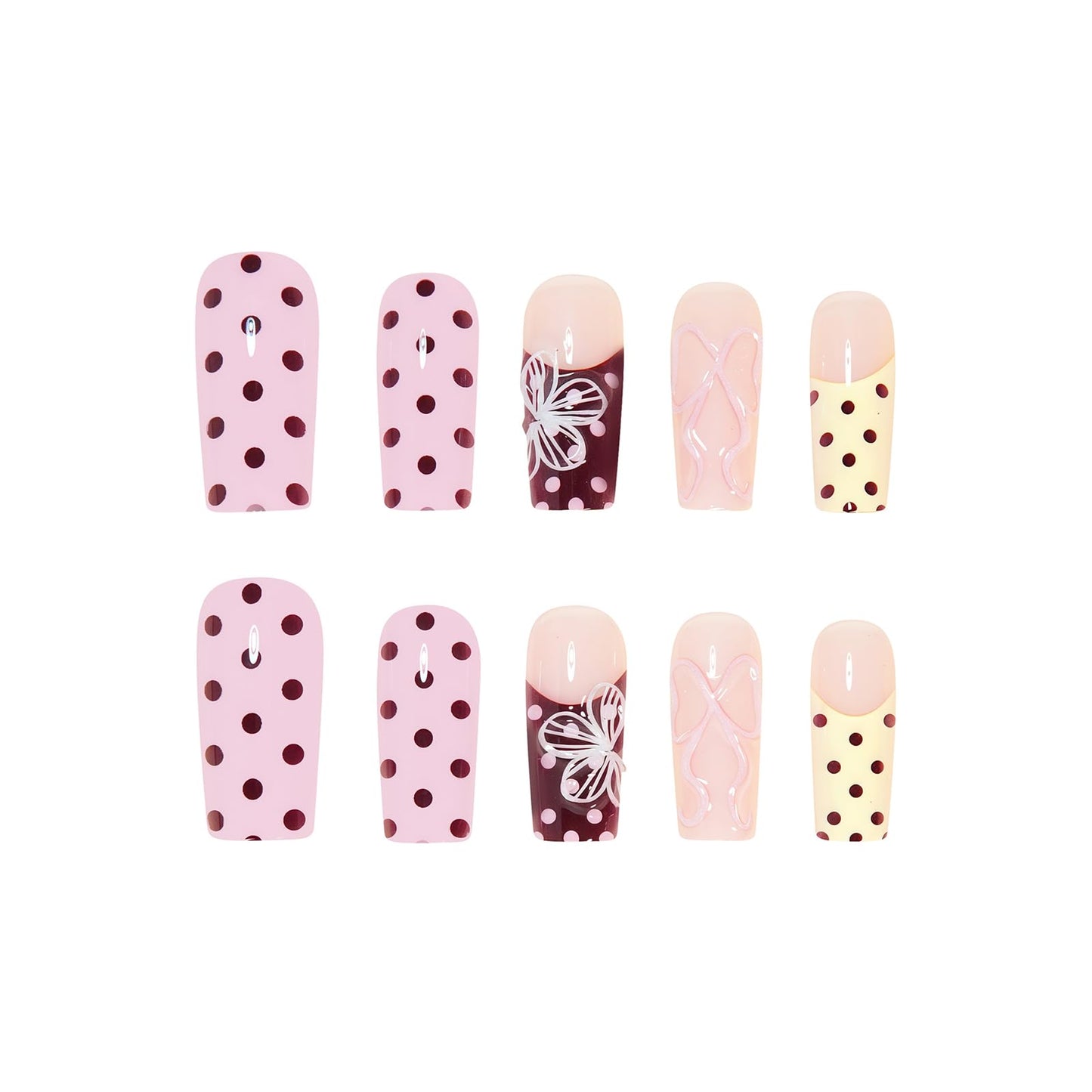 MISUD Press on Nails - Long Square Fake Nails with Pink Yellow, Acrylic Polka Dot Flower Bow Design 24 pcs